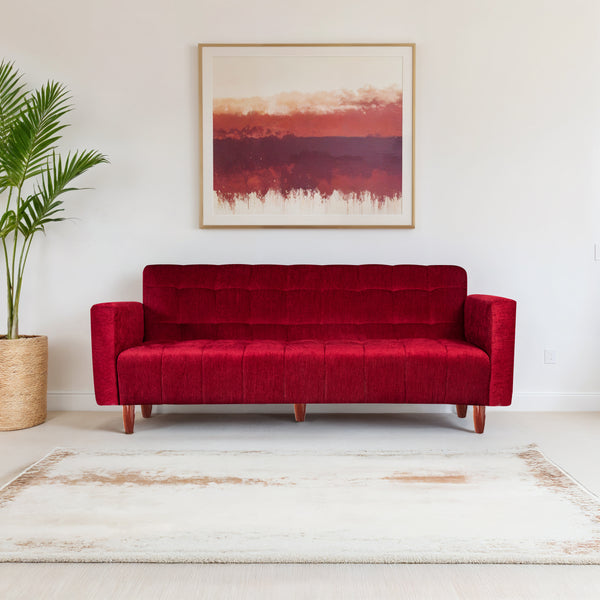 Lisbon 3 Seater Wooden Sofa Cum Bed - ( Premium Molfino Fabric- Maroon )