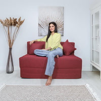 seventh heaven 2 seater 6 4 premium jute fabric washable cover sofa cum bed 2 seater double foam fold out sofa bed with 2 printed cushions finish color maroon delivery condition pre assembled copy