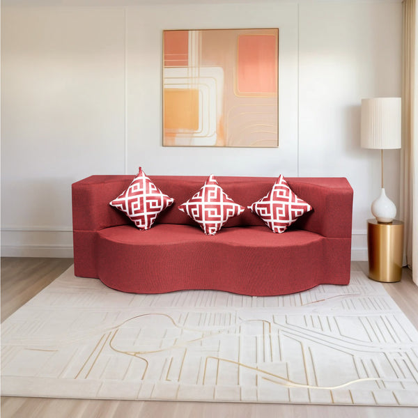 Curved Flipper X Sofa Cum Bed - 3 Seater, Printed Cushion ( Jute Fabric,Maroon )