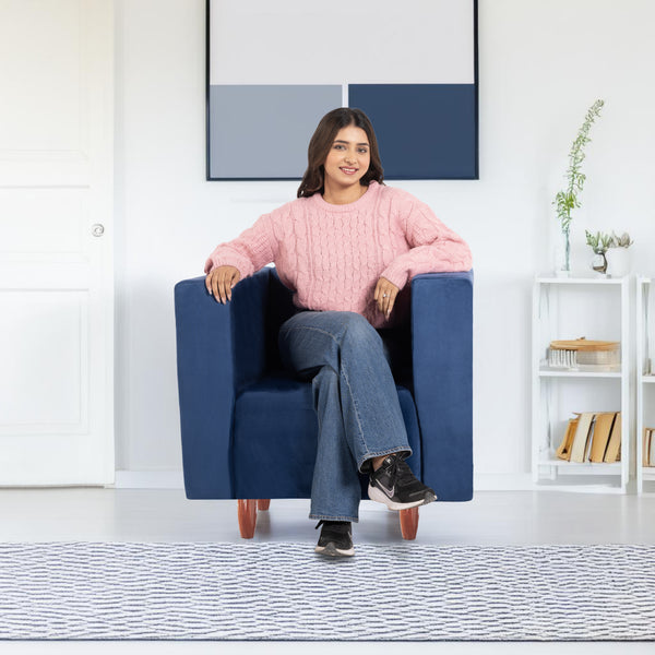 Sydney 1 Seater Sofa- ( Plush Suede Fabric- Blue )