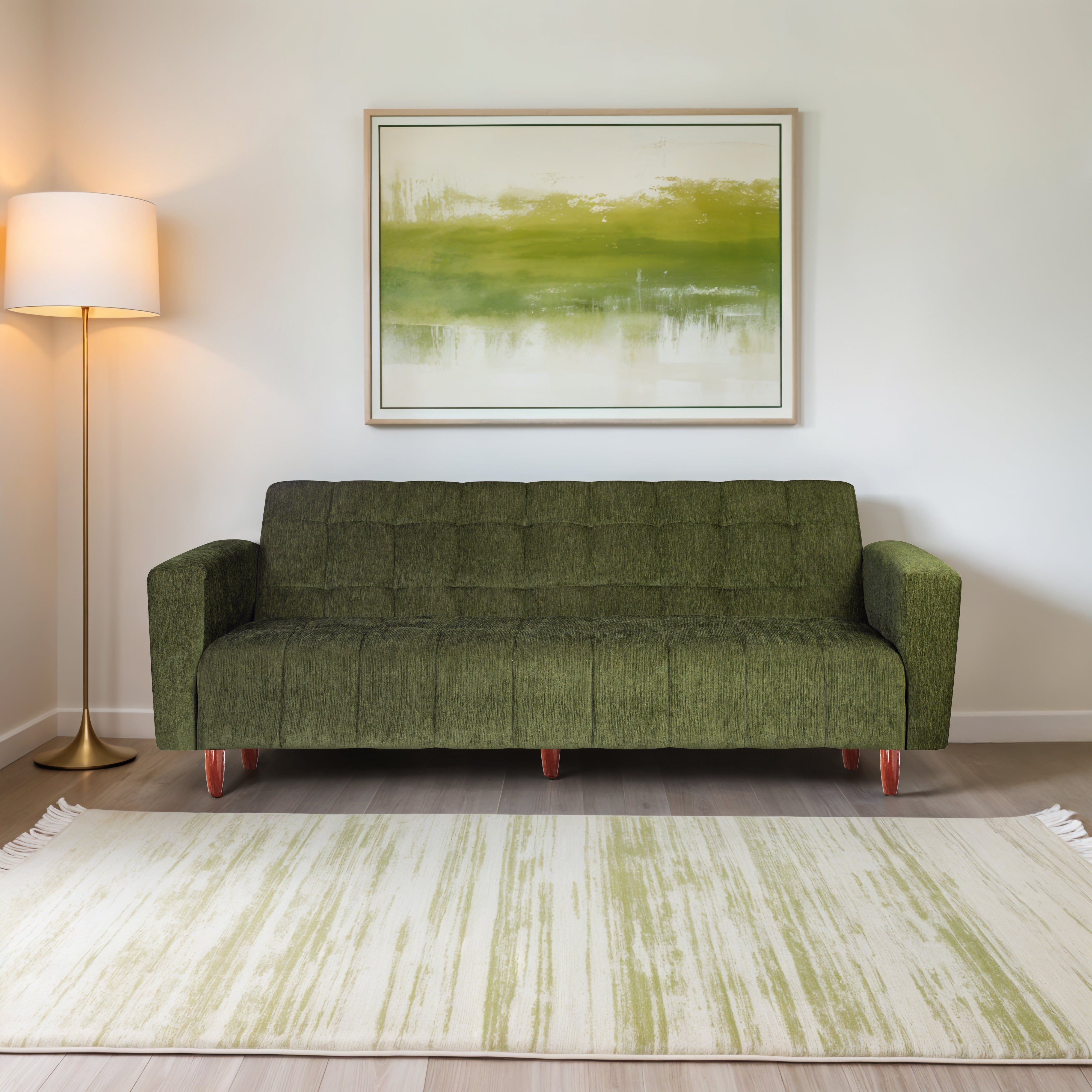Lisbon 3 Seater Wooden Sofa Cum Bed - ( Premium Molfino Fabric- Green )