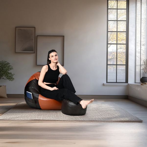 Seventh Heaven 4XL Filled Bean Bag with Cushion & Footrest ( Premium Leatherite - Brown & Tan )