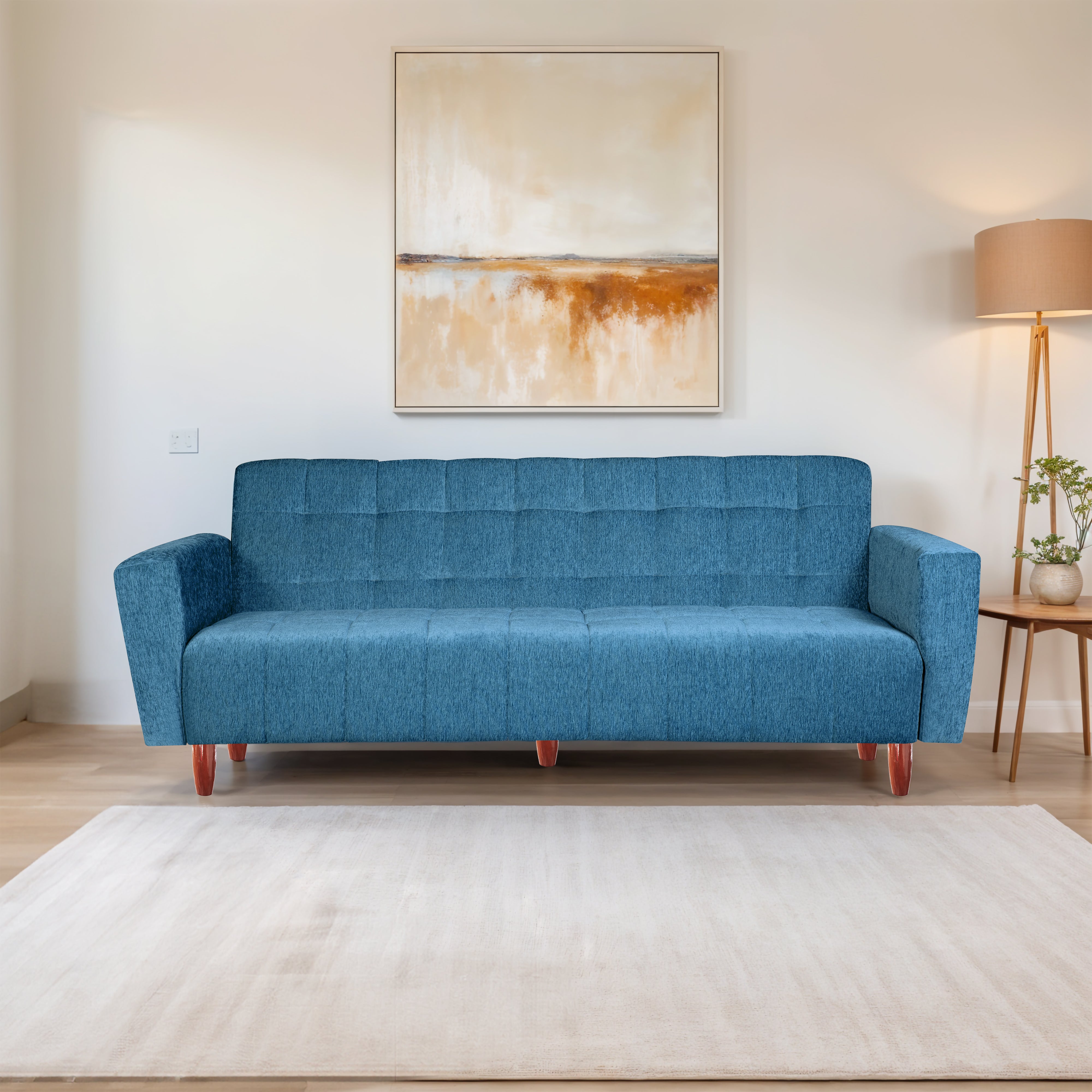 Lisbon 3 Seater Wooden Sofa Cum Bed - ( Premium Molfino Fabric- Sky Blue )