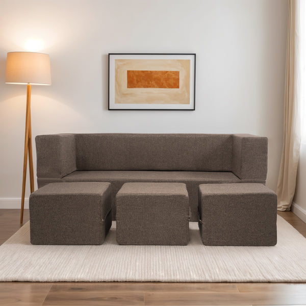 Flipper X Sofa Cum Bed - 3 Seater With 3 Ottoman - ( Jute Fabric, Brown )