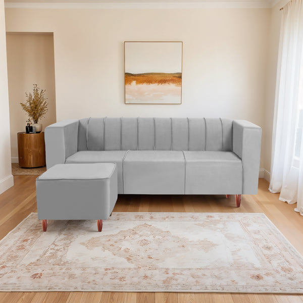 Sydney 4 Seater Sofa with Ottoman- ( Plush Suede Fabric- Grey )