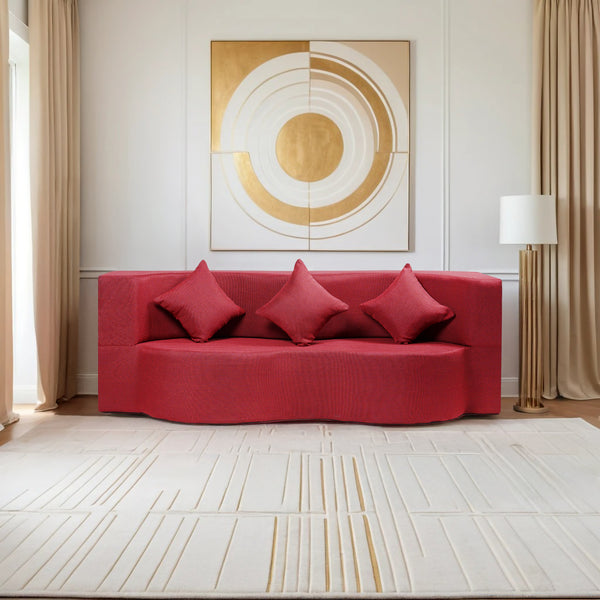 Curved Flipper X Sofa Cum Bed - 3 Seater, Plain Cushion ( Jute Fabric, Maroon )