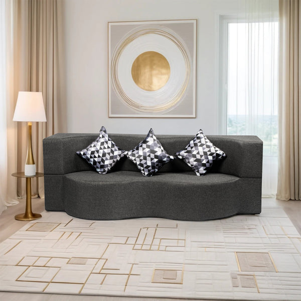 Curved Flipper X Sofa Cum Bed - 3 Seater, Printed Cushion ( Jute Fabric, Dark Grey)