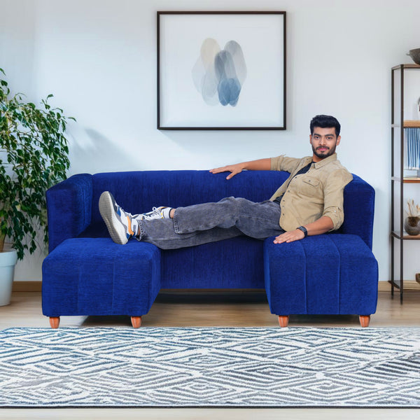 Tokyo 5 Seater Sofa with 2 Ottomans- ( Premium Molfino Fabric- Blue )
