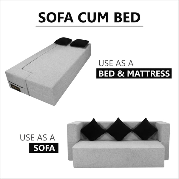 Flipper X Sofa Cum Bed - 3 Seater, Printed Cushion ( Jute Fabric, Light Grey )