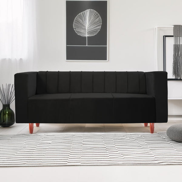 Sydney 3 Seater Sofa- ( Plush Suede Fabric- Black )