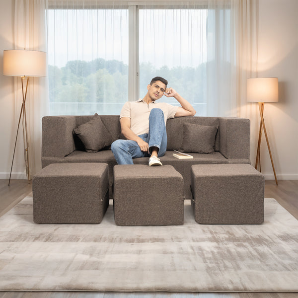 Flipper X Sofa Cum Bed - 3 Seater With 3 Ottoman - Plain Cushion (Jute Fabric, Brown )
