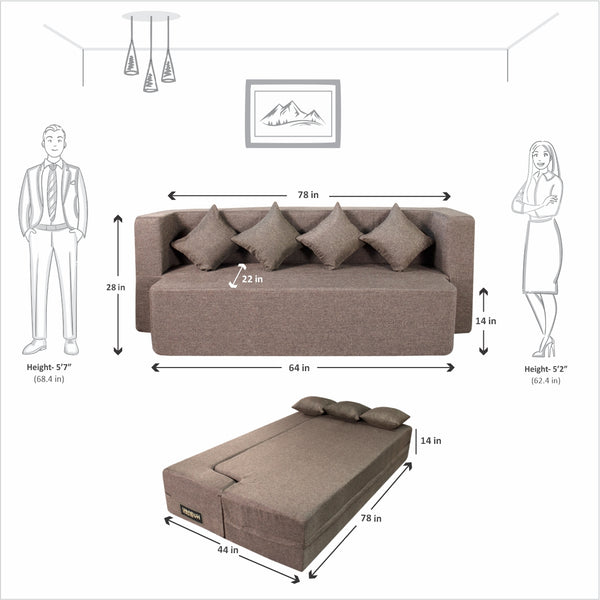 Flipper X Sofa Cum Bed - 4  Seater, Plain Cushion ( Jute Fabric, Brown  )