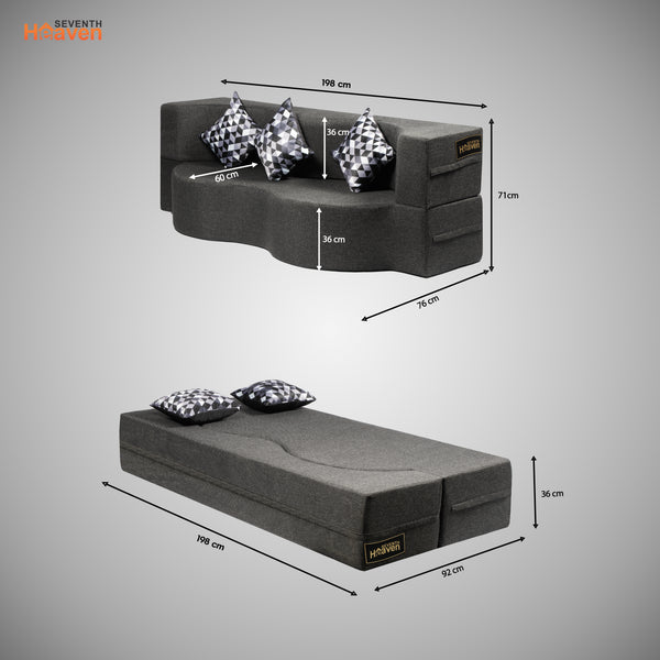 Curved Flipper X Sofa Cum Bed - 3 Seater, Printed Cushion ( Jute Fabric, Dark Grey)