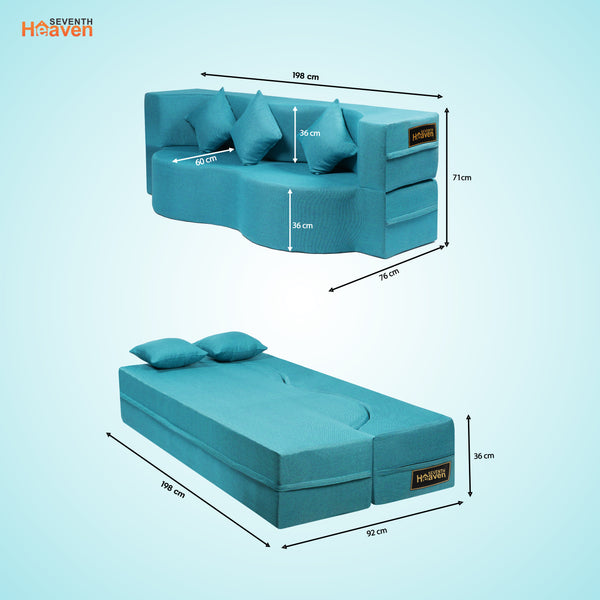 Curved Flipper X Sofa Cum Bed - 3 Seater, Plain Cushion ( Jute Fabric, Sky Blue )