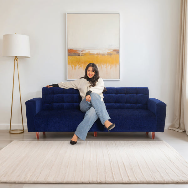 Lisbon Neo 3 Seater Wooden Sofa Cum Bed - ( Premium Molfino Fabric- Blue )