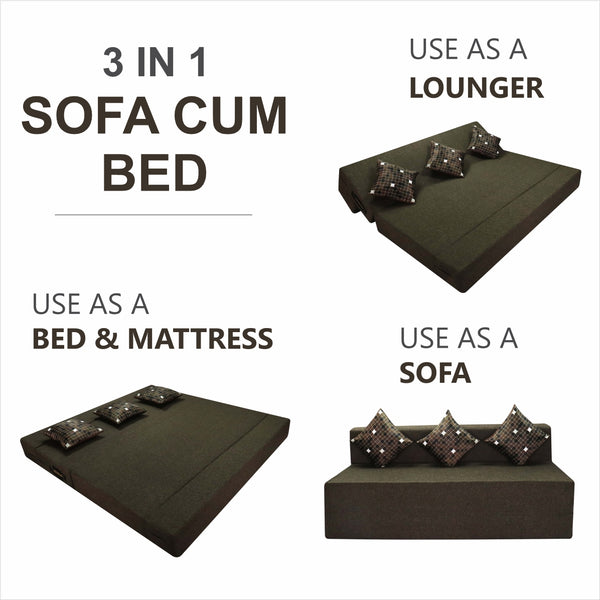 Rejoice Sofa Cum Bed - 3 Seater, Printed Cushion ( Jute Fabric, Brown )