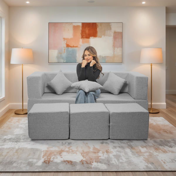 Flipper X Sofa Cum Bed - 3 Seater With 3 Ottoman - Plain Cushion (Jute Fabric, Light Grey )