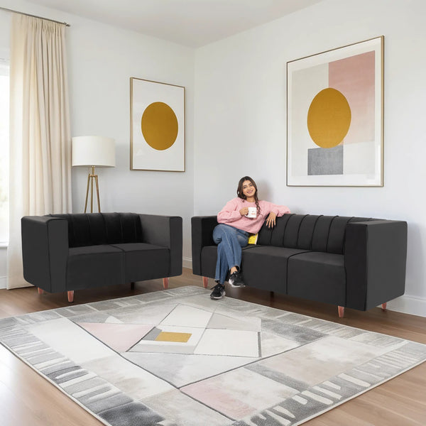 Sydney (3+2) Seater Sofa- ( Plush Suede Fabric- Black )
