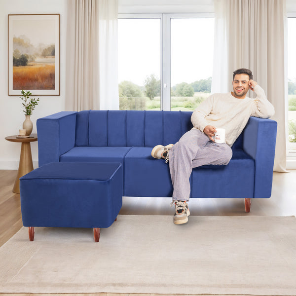 Sydney 4 Seater Sofa with Ottoman- ( Plush Suede Fabric- Blue )