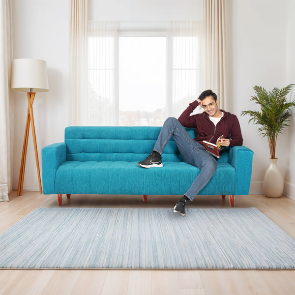 Lisbon Neo 3 Seater Wooden Sofa Cum Bed - ( Premium Molfino Fabric- Sky Blue )
