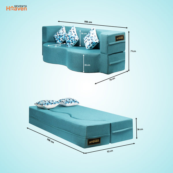 Curved Flipper X Sofa Cum Bed - 3 Seater, Printed Cushion ( Jute Fabric,Sky Blue )