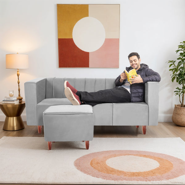 Sydney 4 Seater Sofa with Ottoman- ( Plush Suede Fabric- Grey )