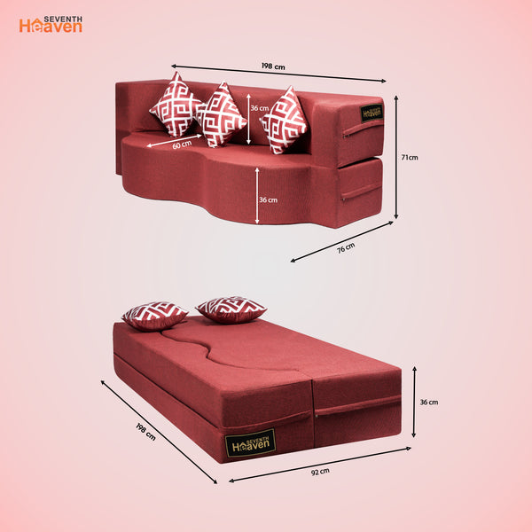 Curved Flipper X Sofa Cum Bed - 3 Seater, Printed Cushion ( Jute Fabric,Maroon )
