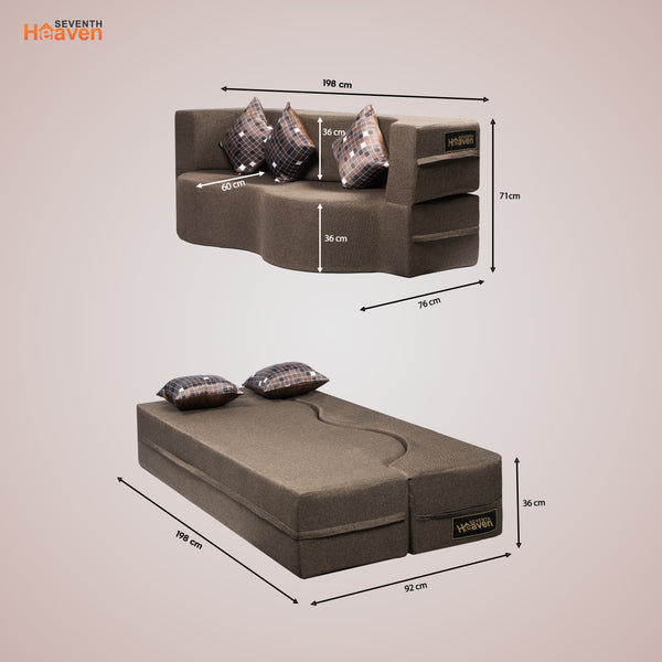 Curved Flipper X Sofa Cum Bed - 3 Seater, Printed Cushion ( Jute Fabric,Brown )
