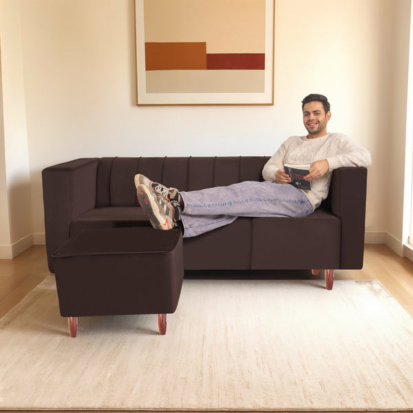 Sydney 4 Seater Sofa with Ottoman- ( Plush Suede Fabric- Brown )