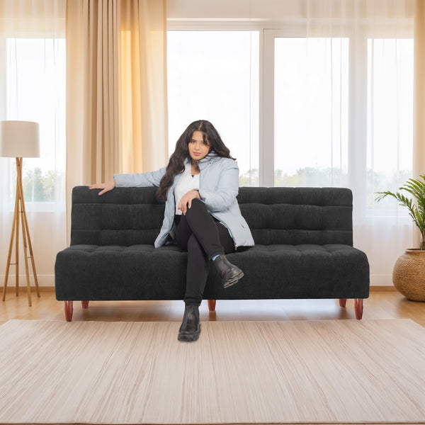 Florida Neo 3 Seater Wooden Sofa Cum Bed - ( Premium Molfino Fabric- Black )