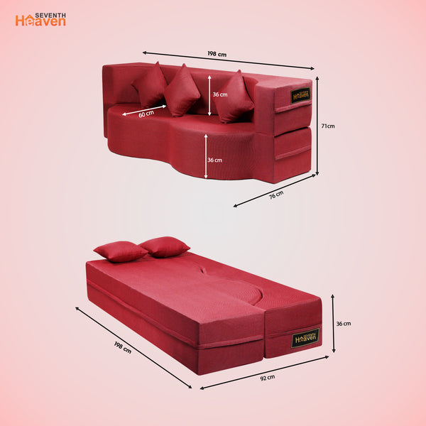 Curved Flipper X Sofa Cum Bed - 3 Seater, Plain Cushion ( Jute Fabric, Maroon )
