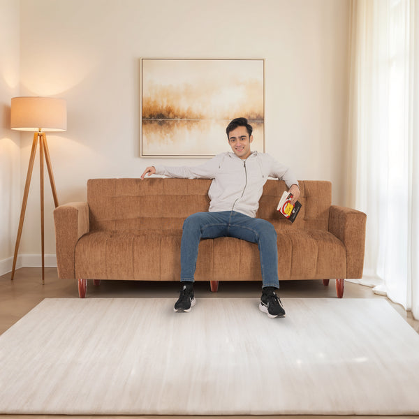 Lisbon Neo 4 Seater Wooden Sofa Cum Bed - ( Premium Molfino Fabric- Beige )
