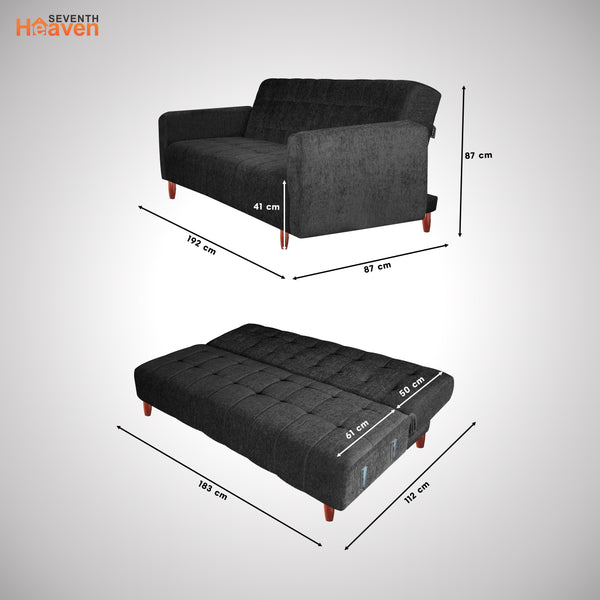 Lisbon 3 Seater Wooden Sofa Cum Bed - ( Premium Molfino Fabric- Black )