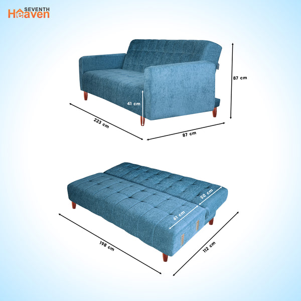 Lisbon  4 Seater Wooden Sofa Cum Bed - ( Premium Molfino Fabric-Sky Blue)