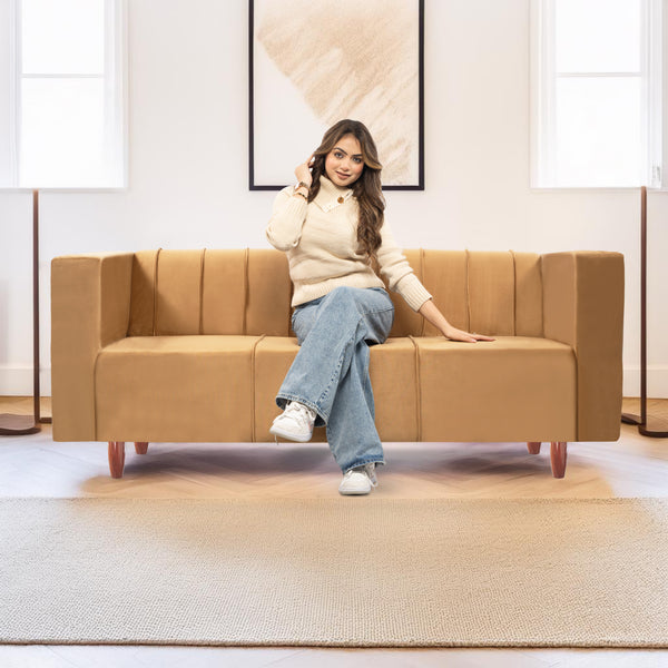 Sydney 3 Seater Sofa- ( Plush Suede Fabric- Beige )