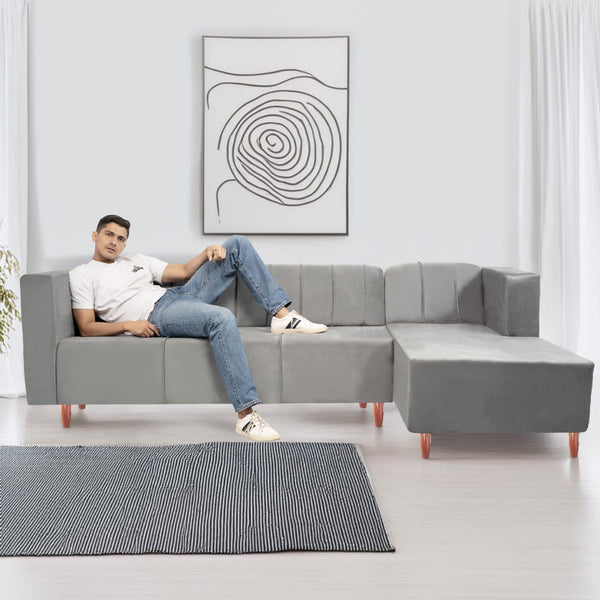 Sydney 6 Seater sofa right corner- ( Plush Suede Fabric- Grey )