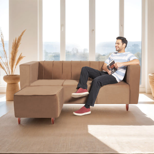 Sydney 4 Seater Sofa with Ottoman- ( Plush Suede Fabric- Beige )