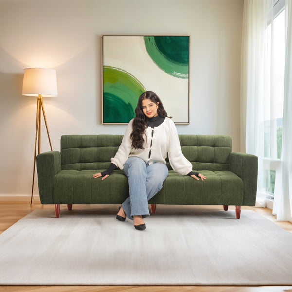 Lisbon Neo 3 Seater Wooden Sofa Cum Bed - ( Premium Molfino Fabric- Green )