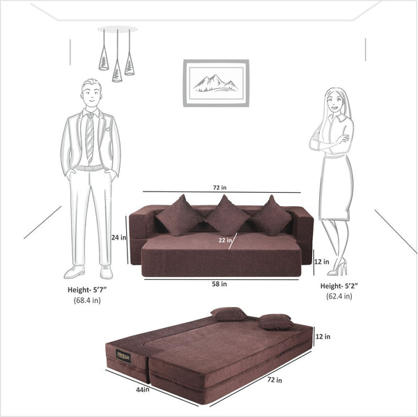 Flipper X Sofa Cum Bed (Memory Foam)- 3 Seater, Plain Cushions (Premium Molfino Fabric- Brown )