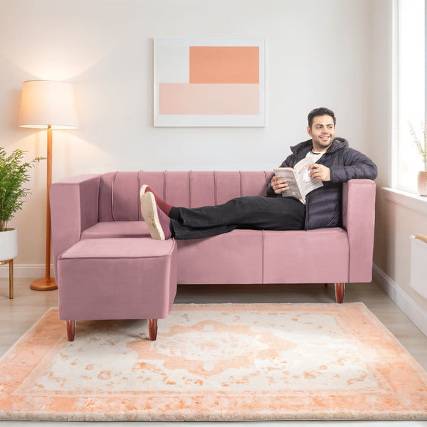 Sydney 4 Seater Sofa with Ottoman- ( Plush Suede Fabric- Peach )