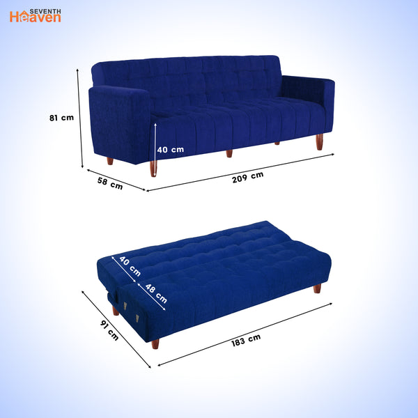 Lisbon Neo 3 Seater Wooden Sofa Cum Bed - ( Premium Molfino Fabric- Blue )