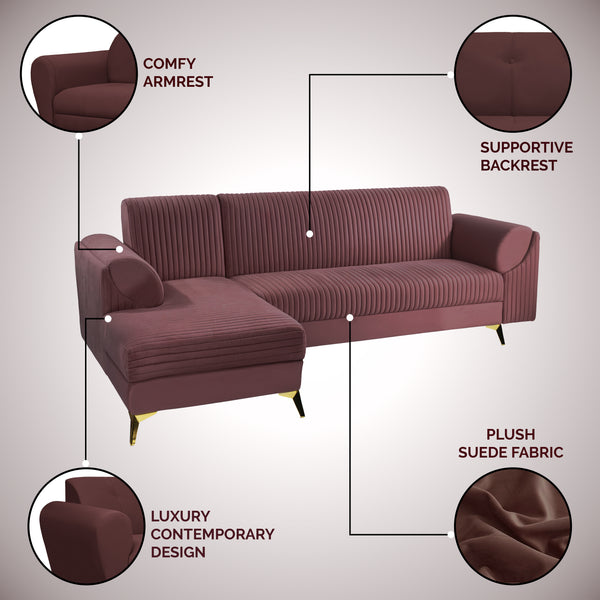 Venice 6 Seater Sofa Left Corner - ( Plush Suede Fabric - Brown )