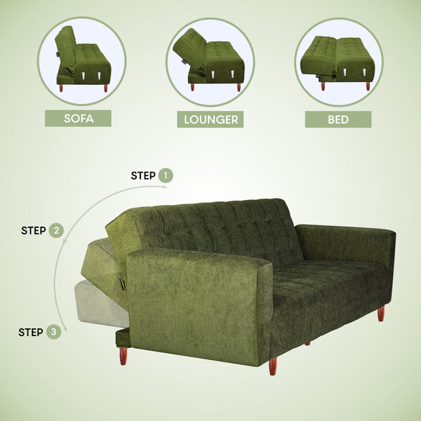 Lisbon 3 Seater Wooden Sofa Cum Bed - ( Premium Molfino Fabric- Green )