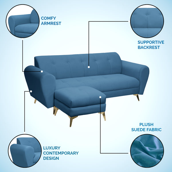 Milan Icon Ottoman 4 Seater Sofa - ( Plush Suede Fabric - Sky Blue )