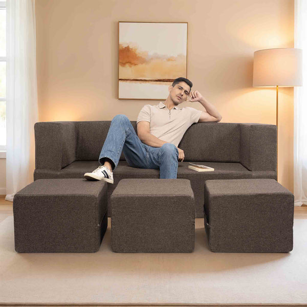 Flipper X Sofa Cum Bed - 3 Seater With 3 Ottoman - ( Jute Fabric, Brown )