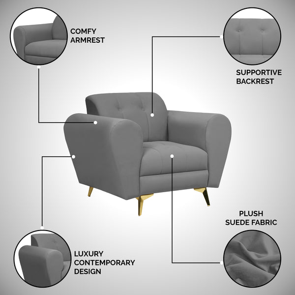 Milan Icon 1 Seater Sofa- ( Plush Suede Fabric- Grey )