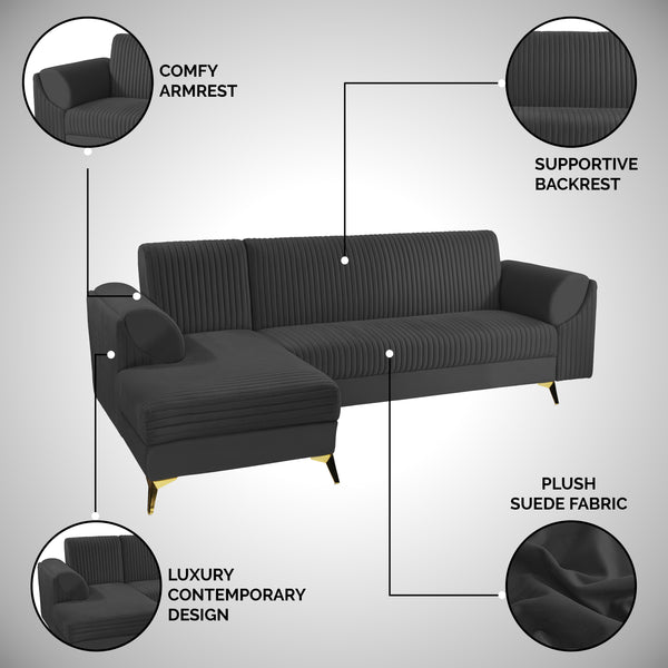 Venice 6 Seater Sofa Right Corner - ( Plush Suede Fabric - Black )