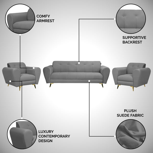 Milan Icon (3+1+1) Seater Sofa- ( Plush Suede Fabric - Grey )