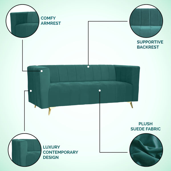 Tokyo Icon 3 Seater Sofa- ( Plush Suede Fabric- Teal )