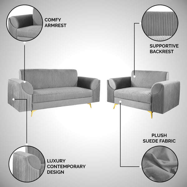 Venice (3+2) Seater Sofa- ( Plush Suede Fabric - Grey)